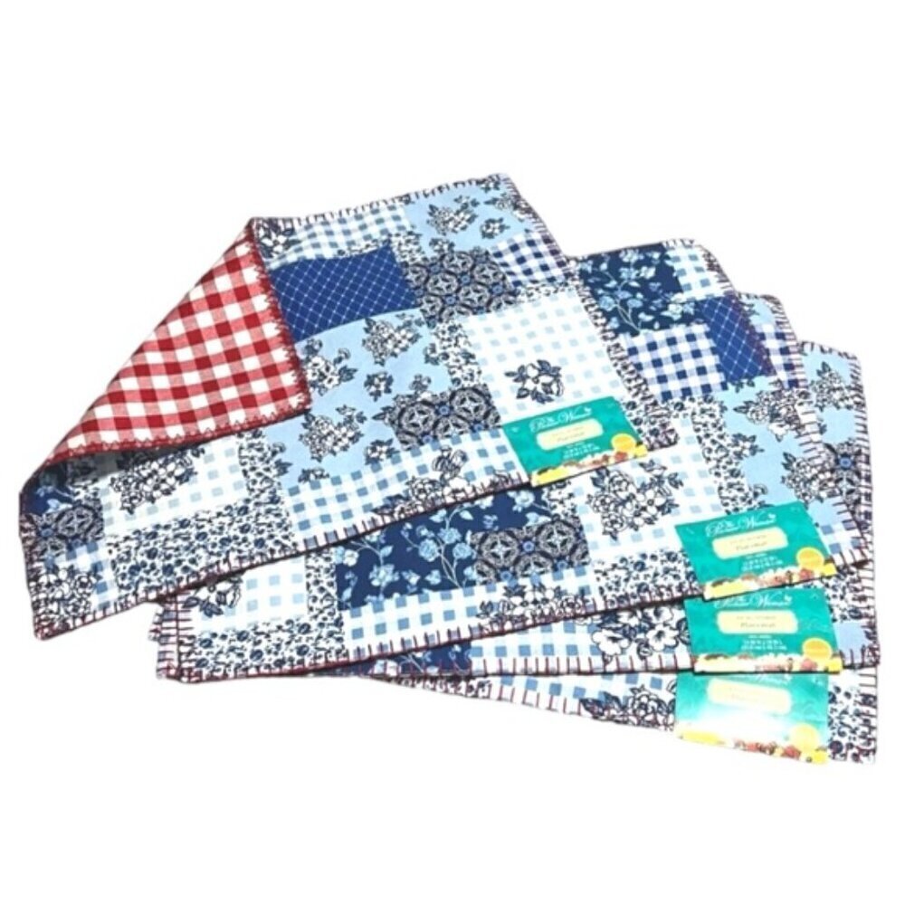Pioneer Woman Heritage Patchwork Cotton Placemat Reversible Plaid Blue Red 4 PC
